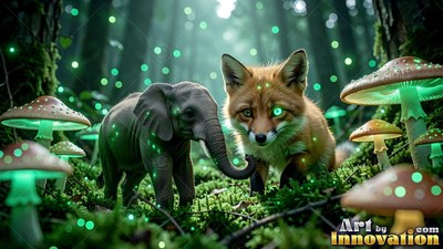 In a mossy forest, a tiny elephant walks beside a fox by green mushrooms