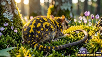 Crawling through moss, a yellow-spotted mouse rests near tiny purple flowers