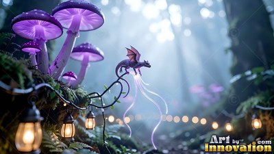 Tiny dragon perched on a vine near purple mushrooms in a misty forest