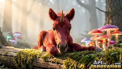 A small golden horn tops a reddish unicorn resting on a mossy log beside spotted mushrooms