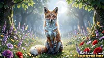 A red fox sits in a flowery forest clearing with bright blue streaks across its fur