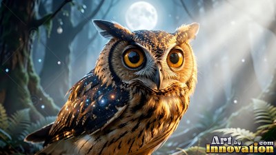 Facing forward, a big-eyed horned owl perches in a moonlit forest under soft beams