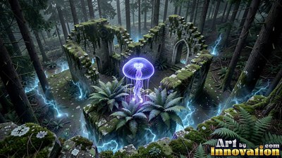 A bright purple jellyfish creature hovers above stone ruins in a pine forest