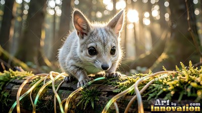 In a sunny forest, a tiny gray creature perches on a mossy log with lit cords