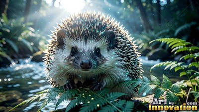 Sitting on green fern leaves, a spiky hedgehog rests by a sunny stream