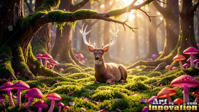 A deer lies on green moss surrounded by pink mushrooms in the woods