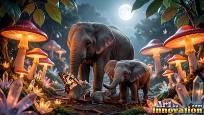 Wrinkled gray skin on two small elephants standing near mice by bright mushrooms