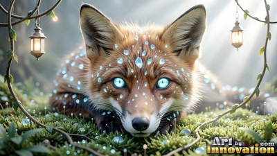 A small fox rests on moss under bright sunbeams, covered in blue crystal drops
