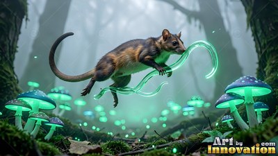 Leaping midair, a small furry rodent climbs a bright green spiral in a dark woods