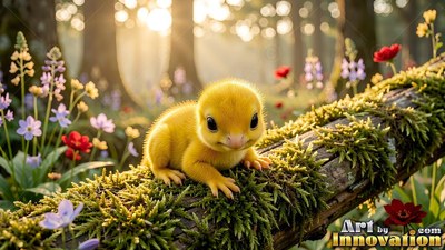 A tiny yellow creature rests on a mossy log in sunny woods
