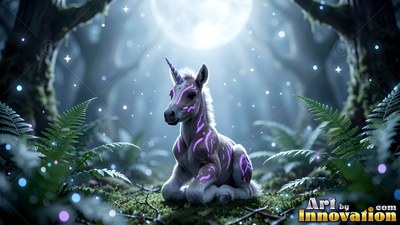 In a dark forest under a full moon, a small unicorn foal sits among green ferns