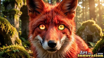 Staring forward, a red fox with bright yellow eyes rests in a sunny forest