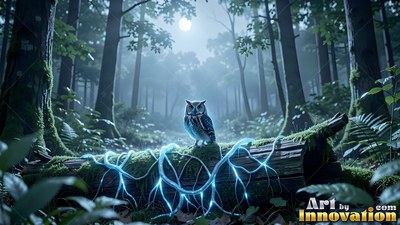 Small owl perched on a mossy log with bright blue roots in a dark woods