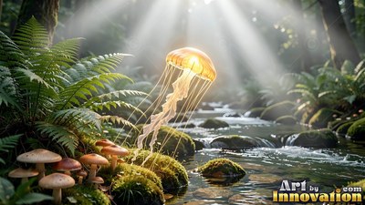 Bright orange bell of a jellyfish floats over a forest creek in beams of sunlight
