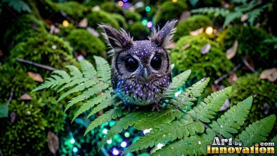 A tiny fuzzy owl sits on a green fern, speckled with purple dots of light