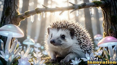 Crouched low in a sunlit forest, a hedgehog rests near pale crystals
