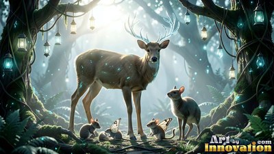 A deer stands with small winged mice under hanging lanterns in a sunny forest