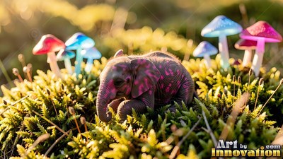 On moss under tiny blue and pink mushrooms, a baby elephant with pink patterns rests