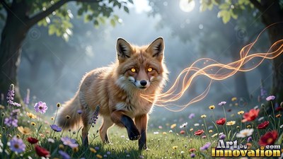 Walking through wild flowers, a red fox trails bright yellow ribbons of light