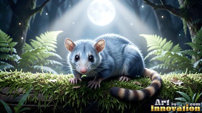 A small blue creature sits on a mossy log under moonlight