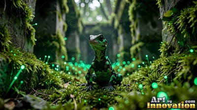Spotted green scales cover a tiny lizard sitting on moss between stone pillars with bright green stalks