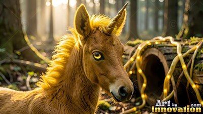 A small horned foal stands near a hollow log under soft morning sunlight