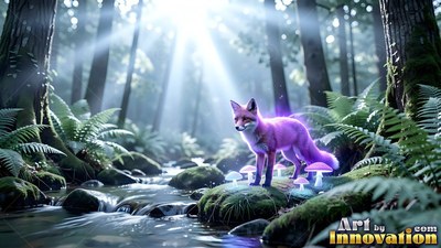 Standing on a mossy rock by a forest stream, a purple fox pauses in the sunlight