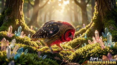 A small speckled owl stands on moss by shiny crystals under bright woods sunlight