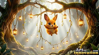Under hanging lanterns in the woods, a furry orange critter swings from a vine