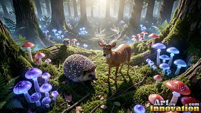 Standing on moss, a small deer and hedgehog meet near bright purple mushrooms