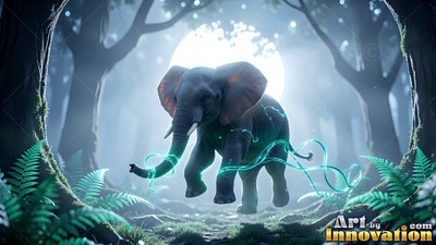 Elephant walking in a dark forest under bright moonlight