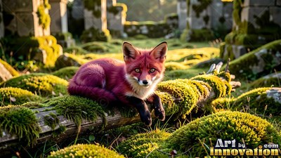 Red fur covers a small fox lying on a mossy log among sunlit stone ruins