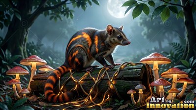 A striped furry creature sits on a fallen log beside lit mushrooms under moonlit trees