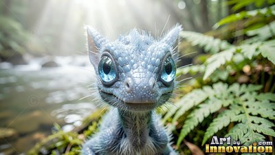 Facing forward near a sunlit stream, a small blue scaled creature rests by ferns