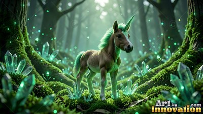 A small brown unicorn stands on moss surrounded by pale green crystals