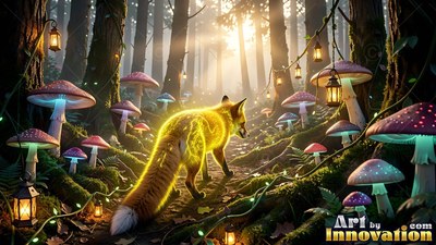 In a sunny forest of giant mushrooms, a bright yellow fox walks along a path