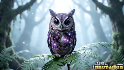 Perched on green fern leaves, a small purple owl watches in a misty forest