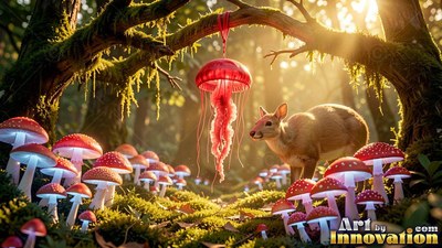 Tiny deer sniffing a red jellyfish hanging among red mushrooms