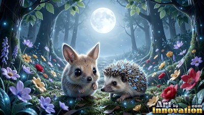 Large dark eyes sit on a tiny rabbit beside a small hedgehog on flowers under a full moon