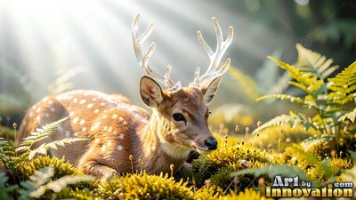 A spotted deer rests in forest ferns as bright sunbeams shine down on clear glass antlers
