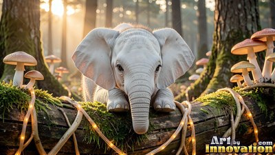 Crouching in a sunny forest, a tiny white elephant peeks over a log