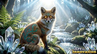 A red fox with teal markings sits near clear crystals by a sunny forest stream