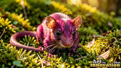 On sunny green moss, a small purple mouse rests with wide black eyes