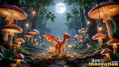 Standing on a forest path, an orange dragon is lit by lanterns under mushrooms