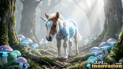 Small unicorn standing near blue mushrooms in a sunlit forest