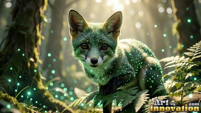 Green speckled fur covers a small fox crouching among ferns in a sunlit forest