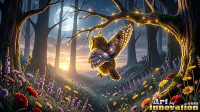 A small owl flies toward a branch over flowers under soft sunrise light