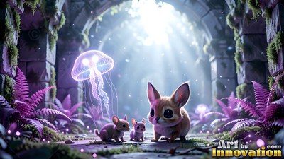 Crouched under a stone archway, tiny furry animals watch a floating pink jellyfish