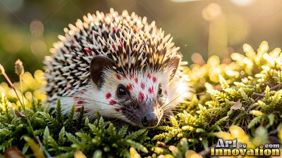 A small hedgehog with red spots on its face rests in green moss in warm sunlight
