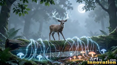 In a misty night forest, a deer stands on a mossy log beside shiny roots